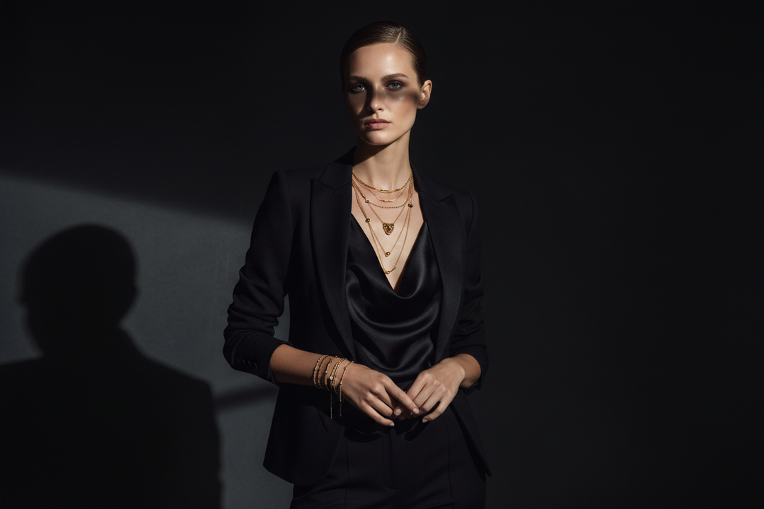 High-fashion luxury jewelry campaign. Dainty gold necklaces and bracelets styled with sharp contrast. Model in structured black tailoring with a silk or satin neckline, modest but elegant. Jewelry is delicate yet striking. Dramatic cinematic lighting with deep shadows and high contrast. Clean dark studio background. Editorial fashion photography, modern, powerful, minimalist. Elevated styling like Cartier, Tom Ford, Skims luxury campaigns. No hands close to camera. No excessive skin. No text. Image feels ex