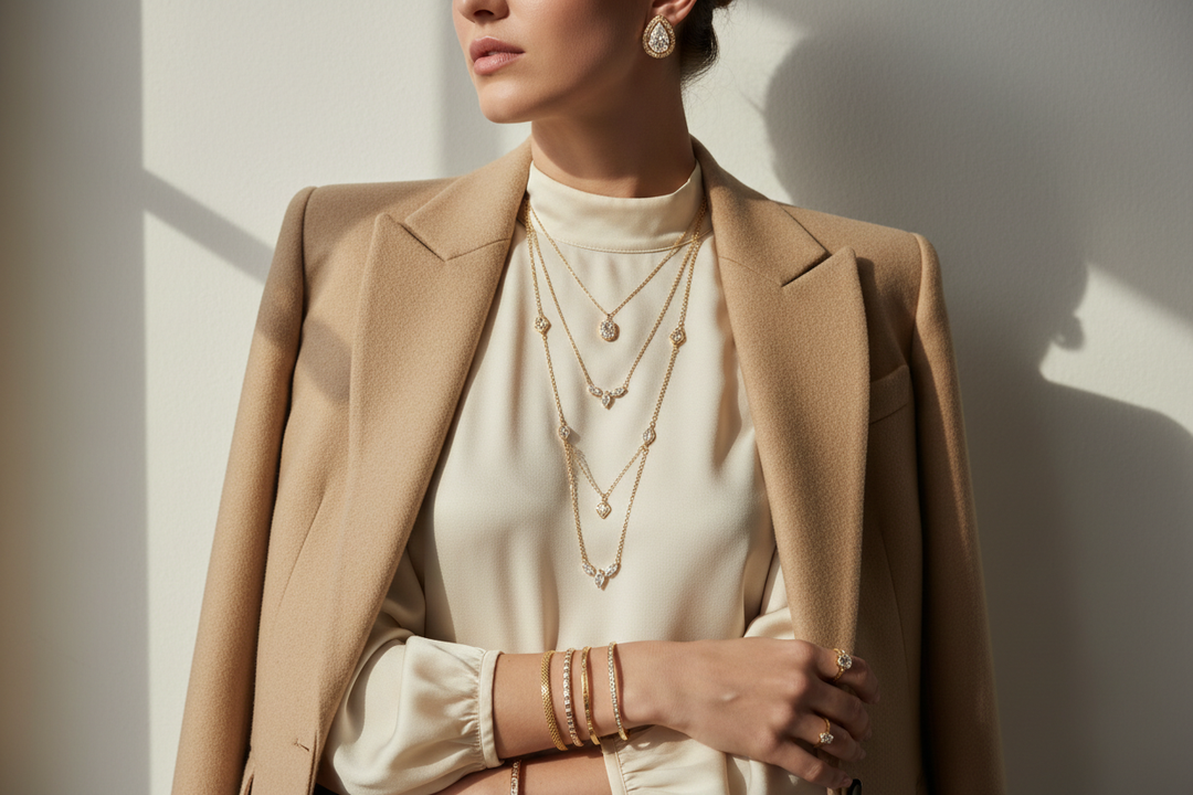 Ultra-luxury fine jewelry hero image, refined editorial style, modest elegant styling, jewelry worn over silk or structured clothing, minimal skin, soft natural light, warm neutral tones, timeless high-end aesthetic, clean background, premium magazine quality